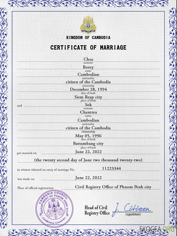 Modèle PSD de certificat de mariage au Cambodge